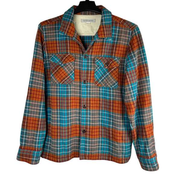 Outerknown Blanket Shirt Jacket Plaid Button Up Shacket Orange Blue Men's Medium - Picture 2 of 13